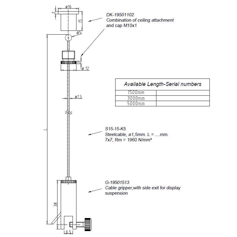 Abhängeset mit Display-Gripper, Drahtseil 1,5mm / Länge 5000mm